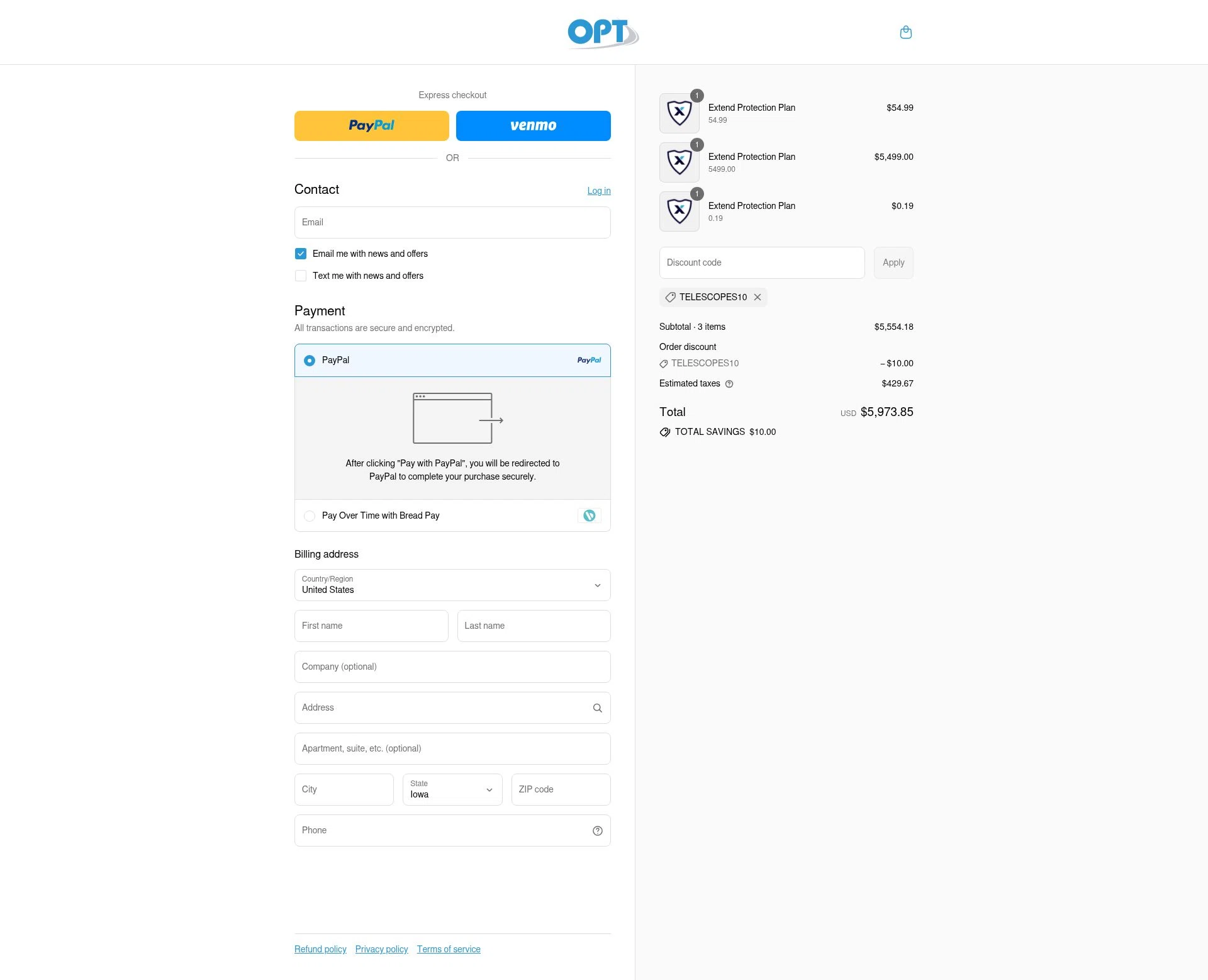 OPT Telescopes checkout page showing OPT Telescopes coupon code box | Screenshot taken by SimplyCodes community member on Aug 26, 2025