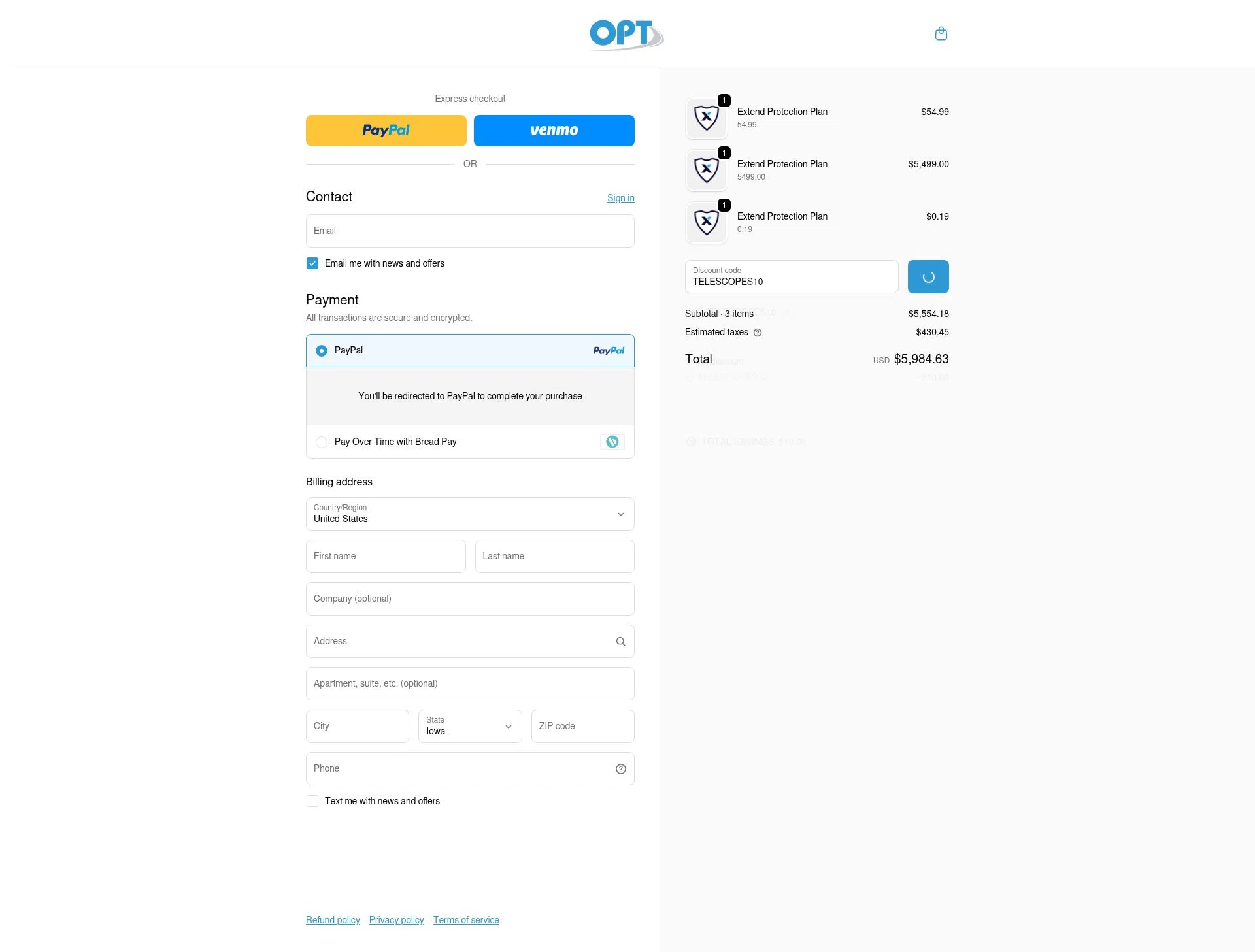 OPT Telescopes checkout page showing OPT Telescopes coupon code box | Screenshot taken by SimplyCodes community member on Feb 13, 2026
