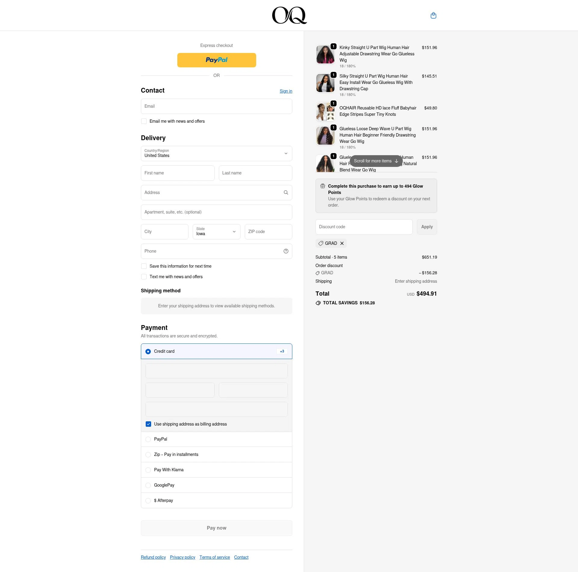 Oq Hair checkout page showing Oq Hair discount code box | Screenshot taken by SimplyCodes community member on Feb 18, 2026