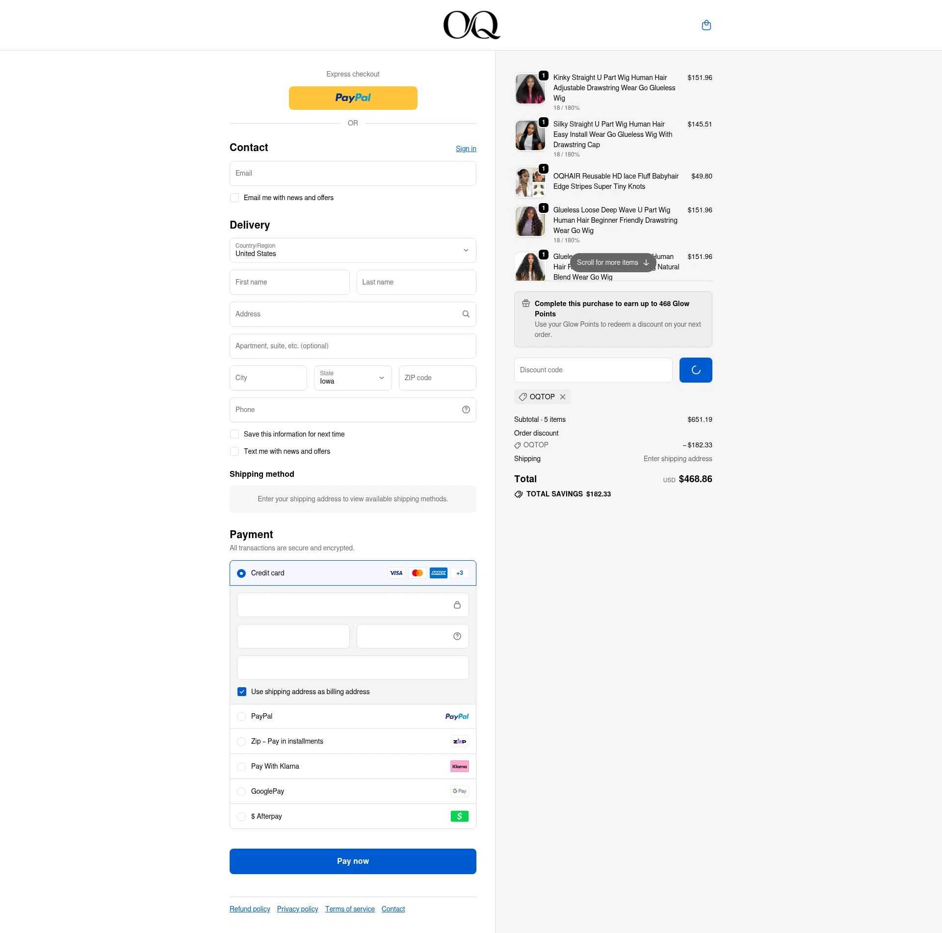 Oq Hair checkout page showing Oq Hair discount code box | Screenshot taken by SimplyCodes community member on Feb 18, 2026
