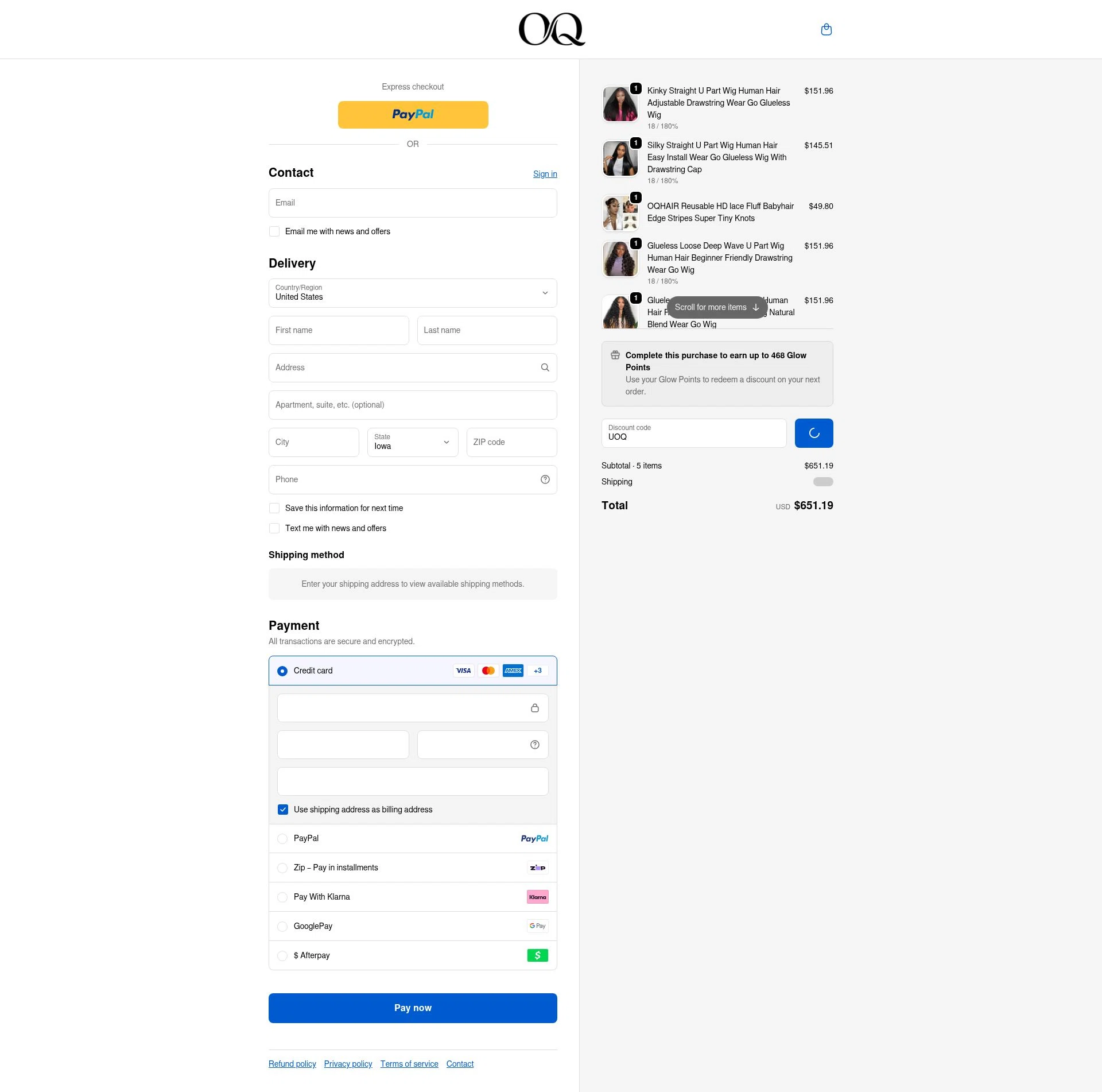 Oq Hair checkout page showing Oq Hair discount code box | Screenshot taken by SimplyCodes community member on Feb 18, 2026