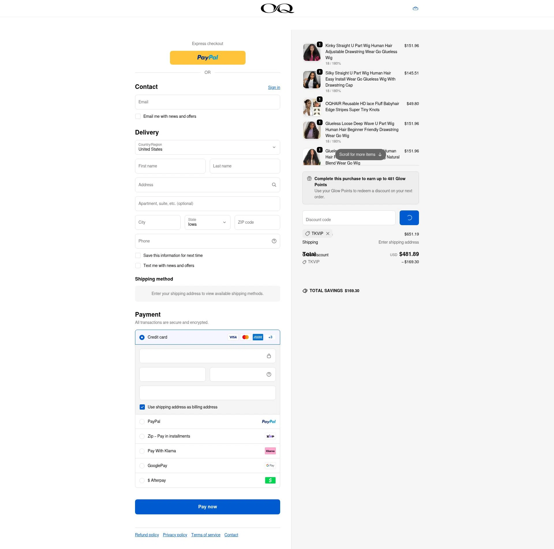 Oq Hair checkout page showing Oq Hair discount code box | Screenshot taken by SimplyCodes community member on Feb 18, 2026