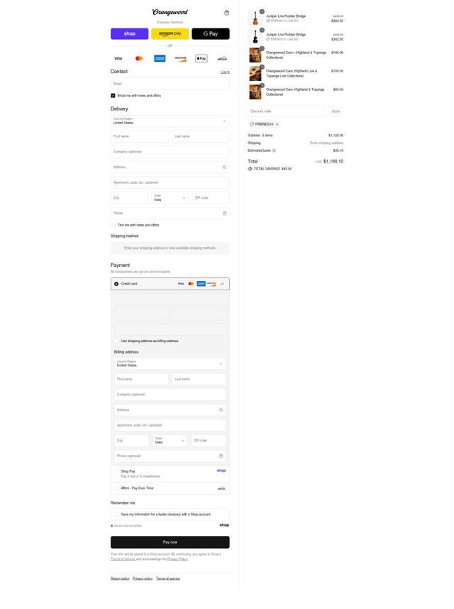 Orangewood Guitars checkout page showing Orangewood Guitars discount code box | Screenshot taken by SimplyCodes community member on Sep 9, 2025