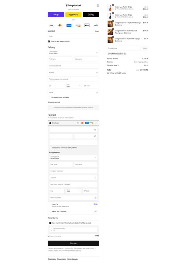 Orangewood Guitars checkout page showing Orangewood Guitars discount code box | Screenshot taken by SimplyCodes community member on Sep 4, 2025