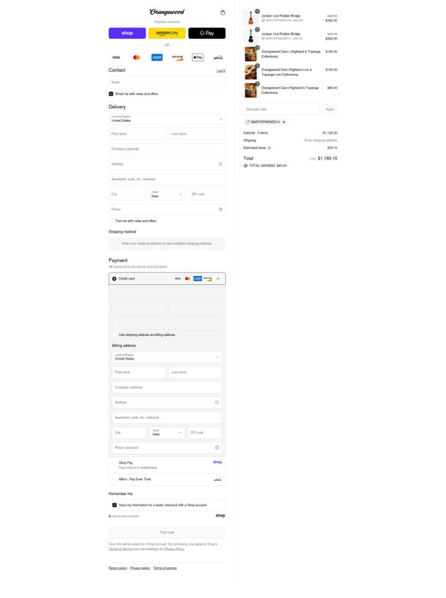 Orangewood Guitars checkout page showing Orangewood Guitars discount code box | Screenshot taken by SimplyCodes community member on Sep 9, 2025