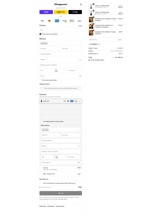 Orangewood Guitars checkout page showing Orangewood Guitars discount code box | Screenshot taken by SimplyCodes community member on Sep 9, 2025