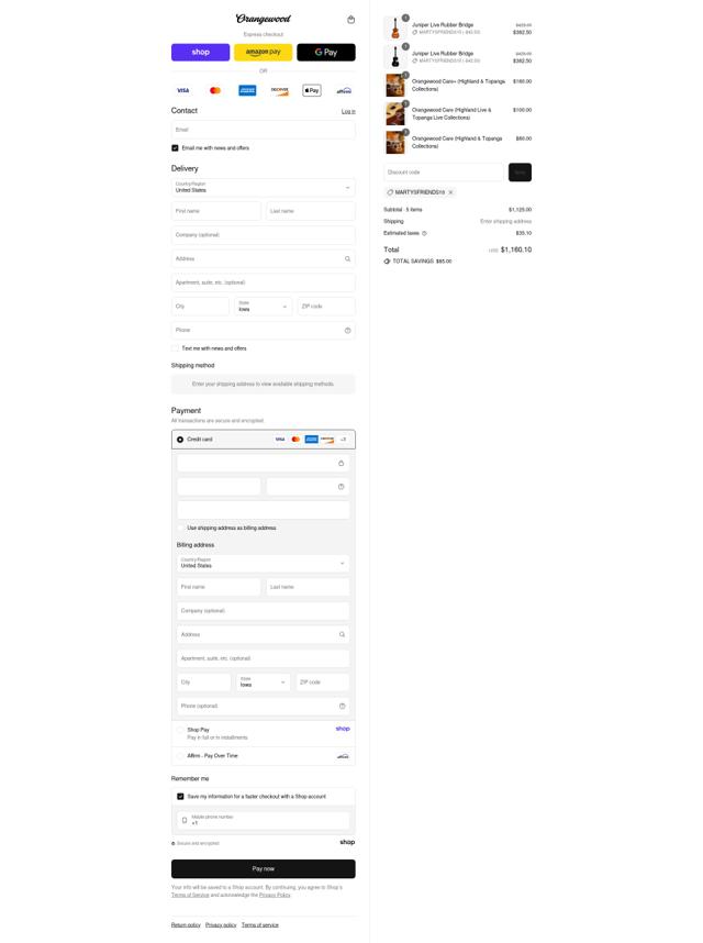 Orangewood Guitars checkout page showing Orangewood Guitars discount code box | Screenshot taken by SimplyCodes community member on Sep 4, 2025