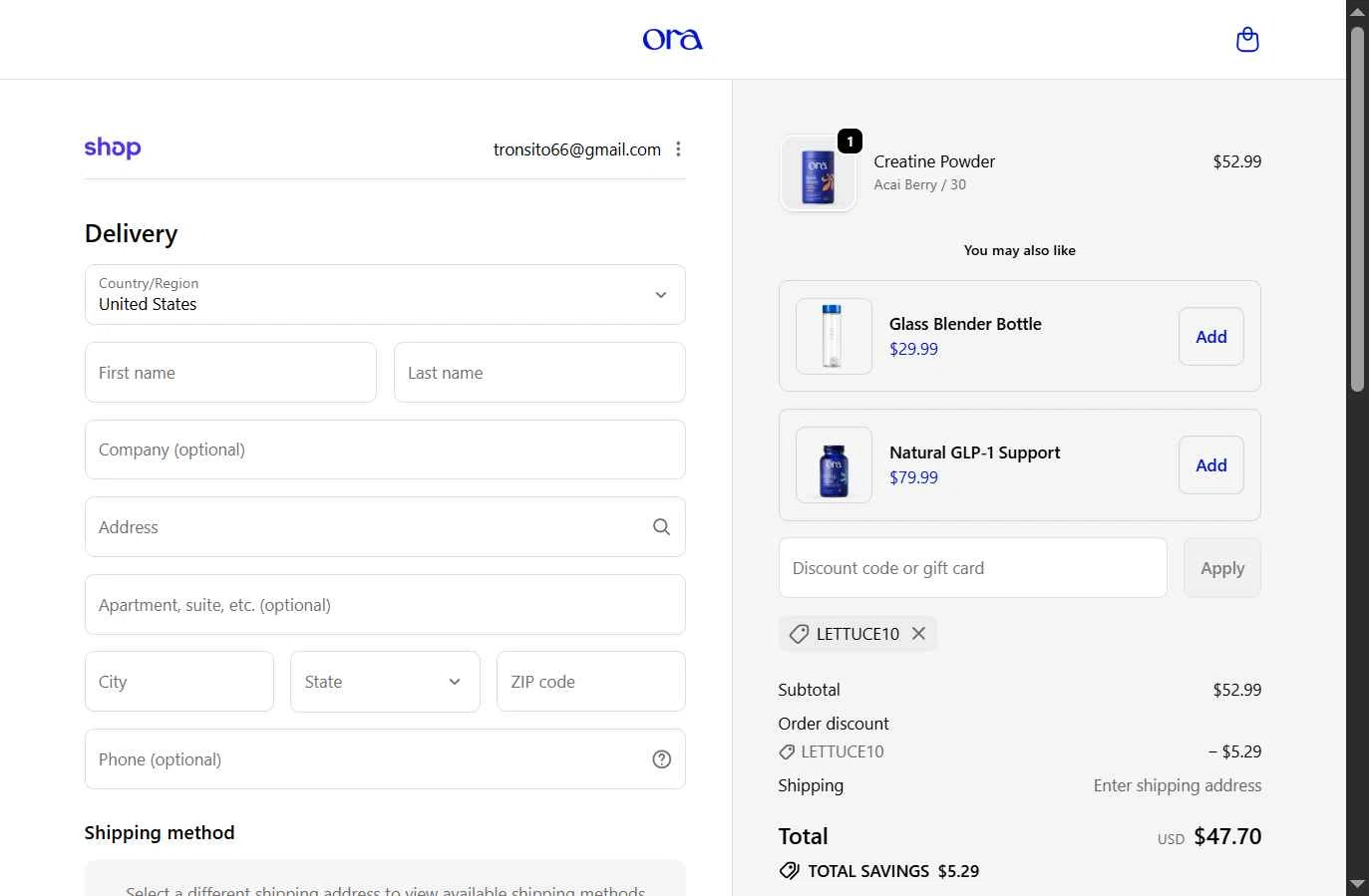 Ora Organic checkout page showing Ora Organic discount code box | Screenshot taken by SimplyCodes community member on Jan 11, 2026
