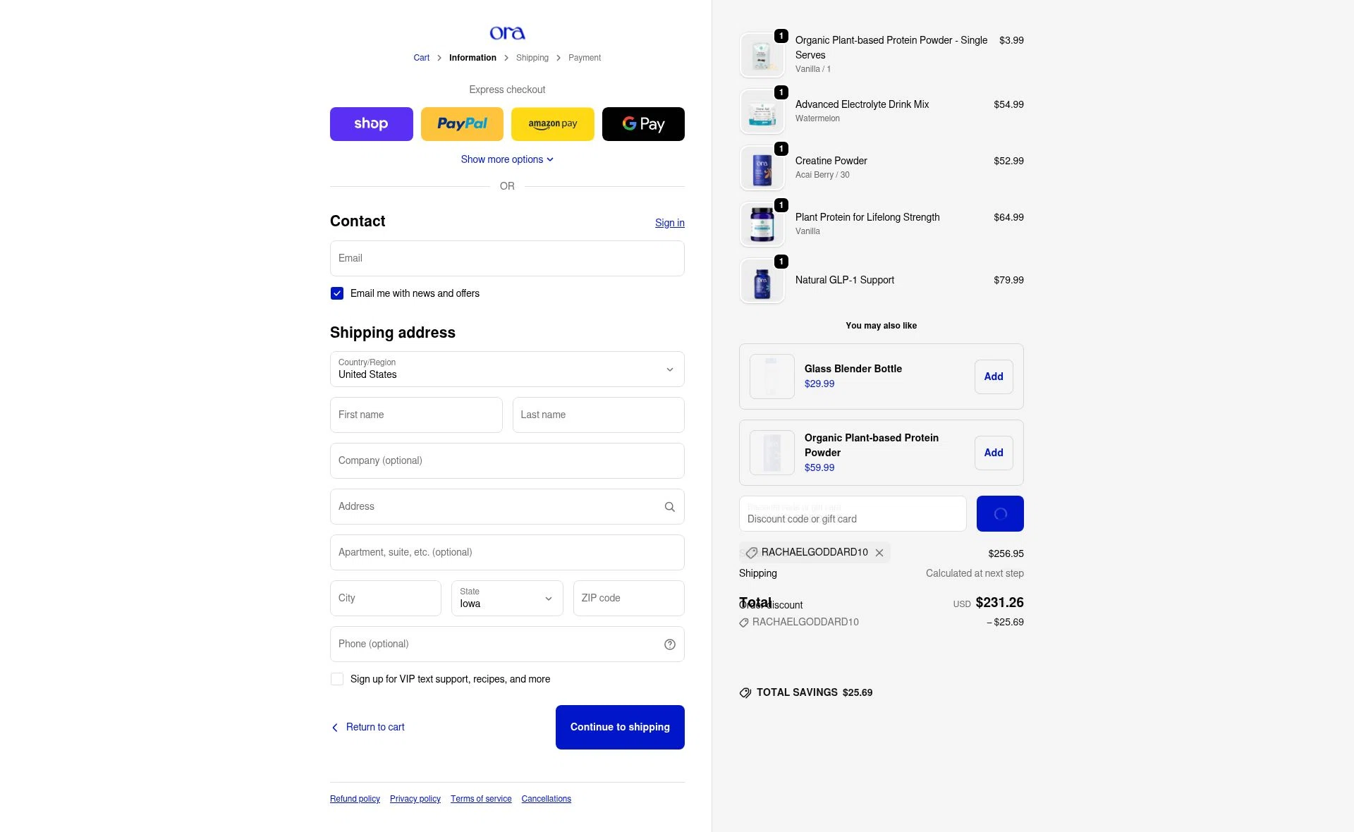 Ora Organic checkout page showing Ora Organic discount code box | Screenshot taken by SimplyCodes community member on Jan 11, 2026