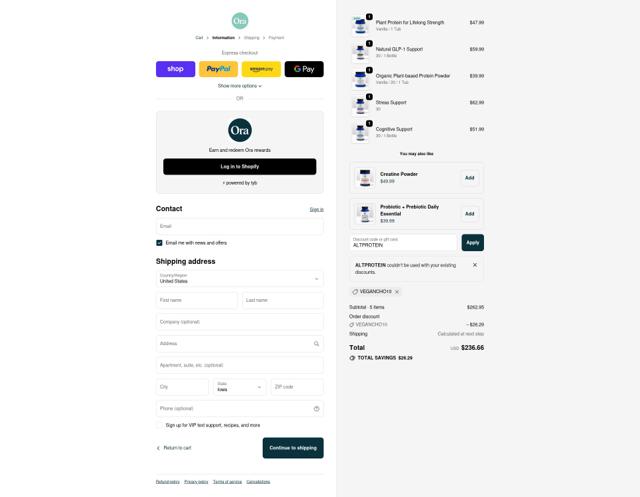 Ora Organic checkout page showing Ora Organic discount code box | Screenshot taken by SimplyCodes community member on Oct 2, 2025