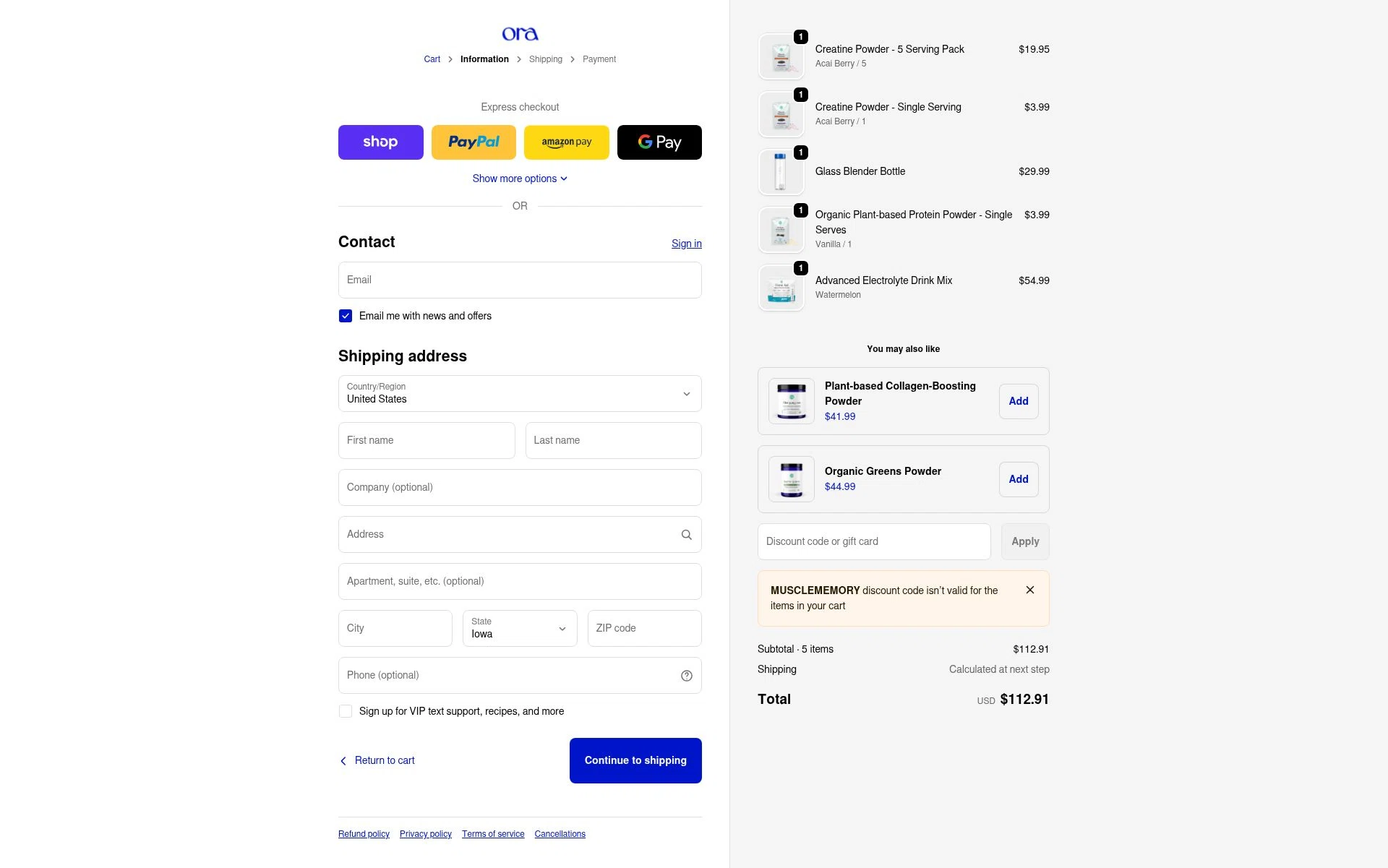 Ora Organic checkout page showing Ora Organic discount code box | Screenshot taken by SimplyCodes community member on Jan 30, 2026