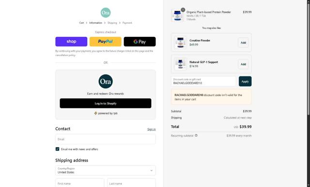 Ora Organic checkout page showing Ora Organic discount code box | Screenshot taken by SimplyCodes community member on Sep 11, 2025