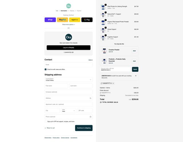 Ora Organic checkout page showing Ora Organic discount code box | Screenshot taken by SimplyCodes community member on Oct 2, 2025