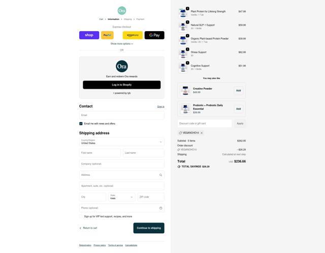 Ora Organic checkout page showing Ora Organic discount code box | Screenshot taken by SimplyCodes community member on Oct 2, 2025