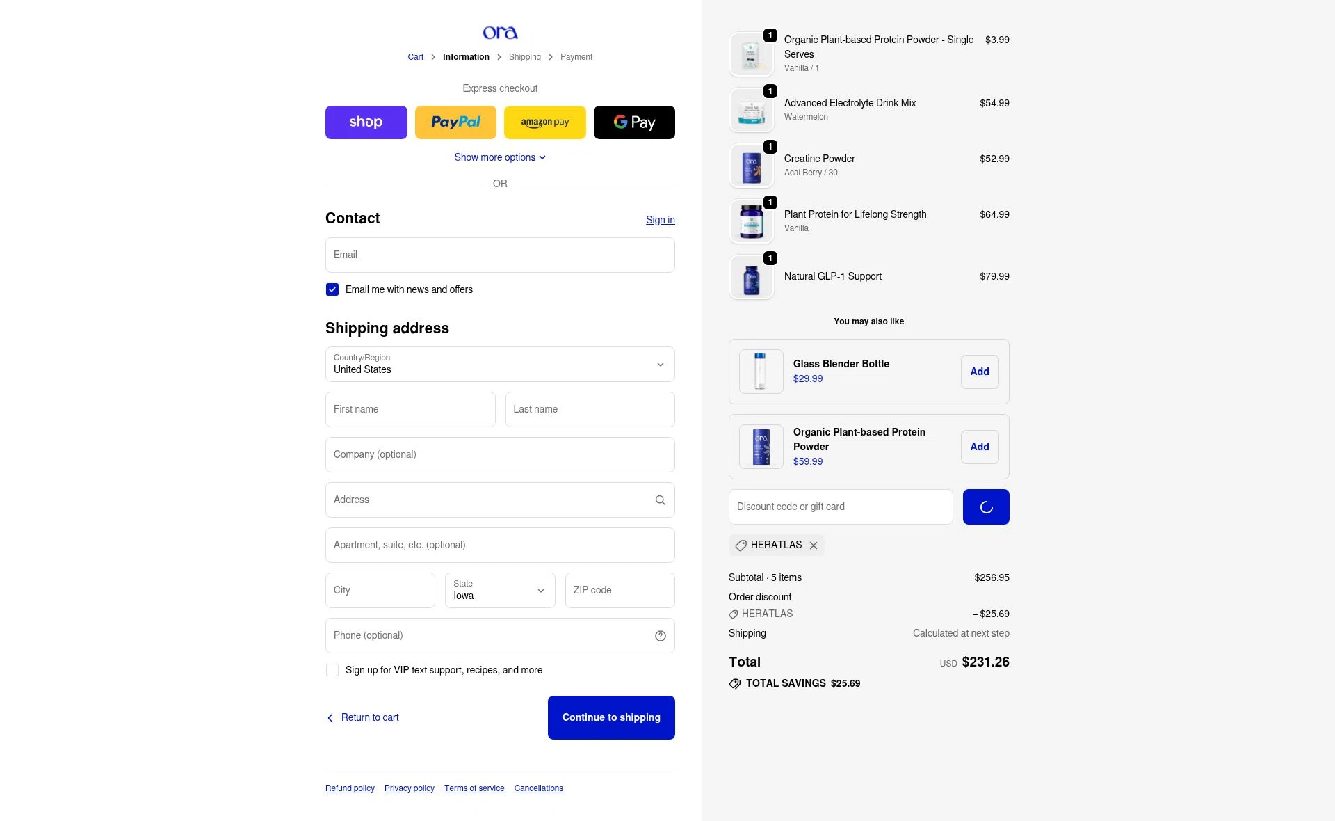Ora Organic checkout page showing Ora Organic discount code box | Screenshot taken by SimplyCodes community member on Jan 11, 2026
