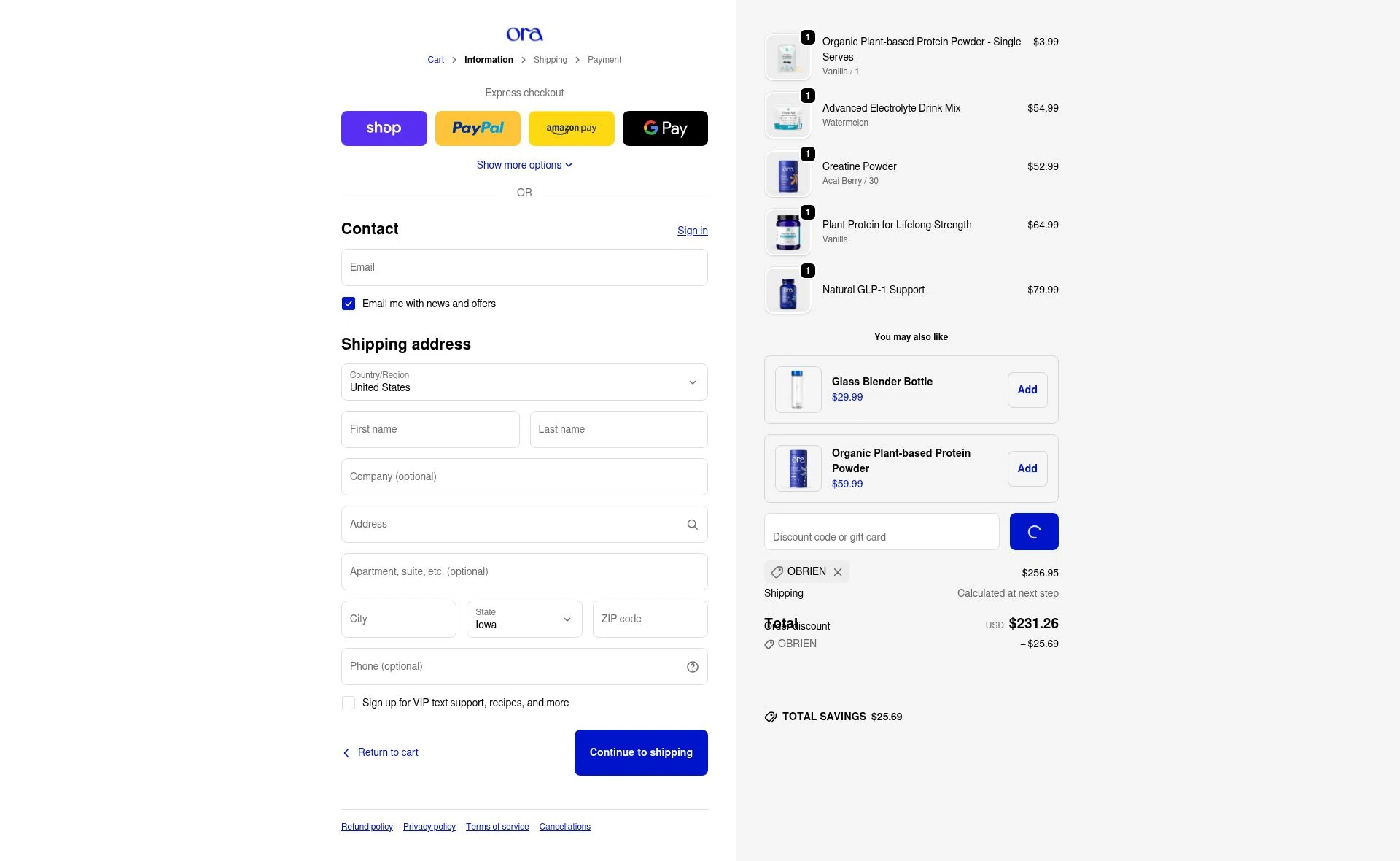 Ora Organic checkout page showing Ora Organic discount code box | Screenshot taken by SimplyCodes community member on Jan 11, 2026