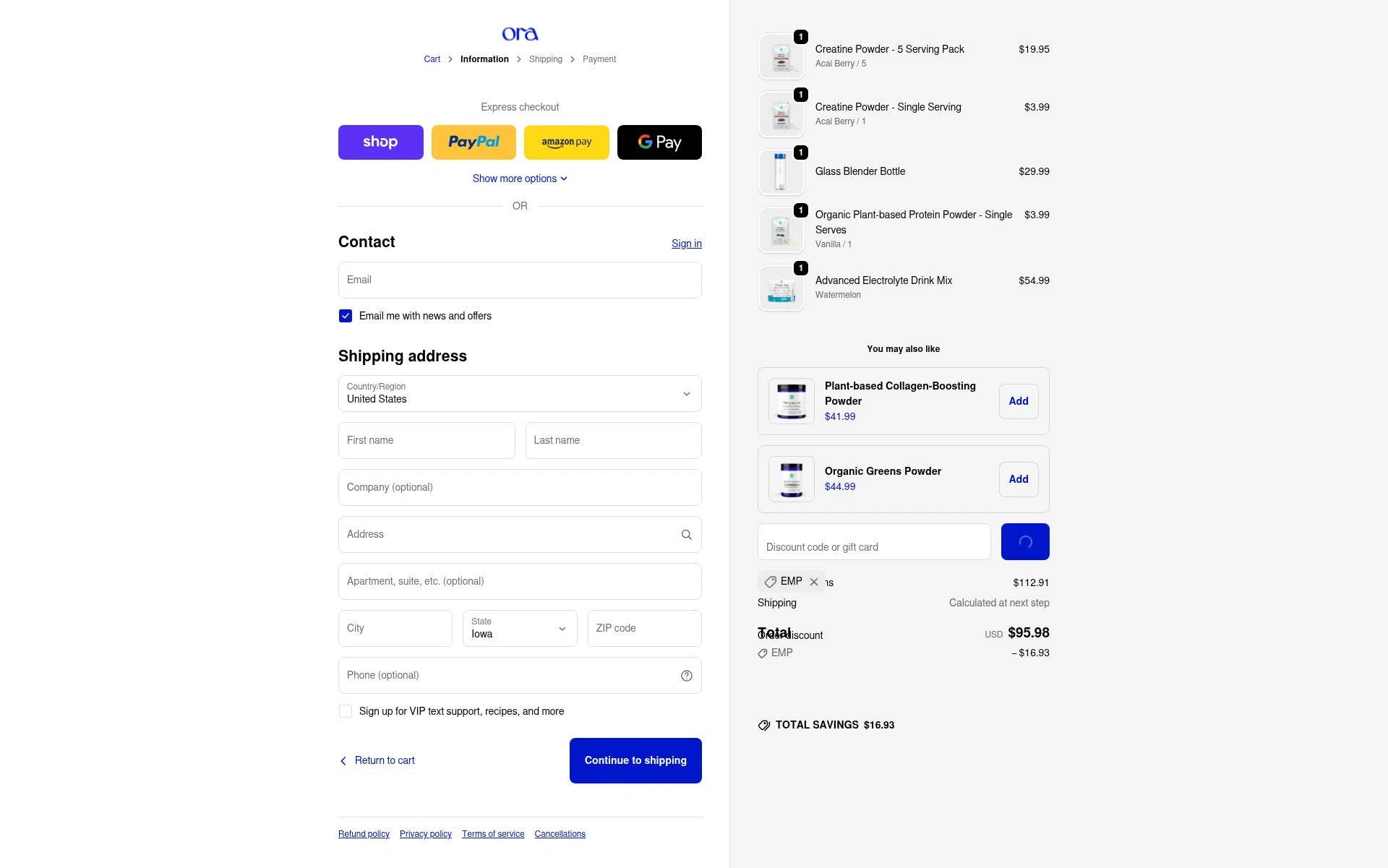 Ora Organic checkout page showing Ora Organic discount code box | Screenshot taken by SimplyCodes community member on Jan 31, 2026