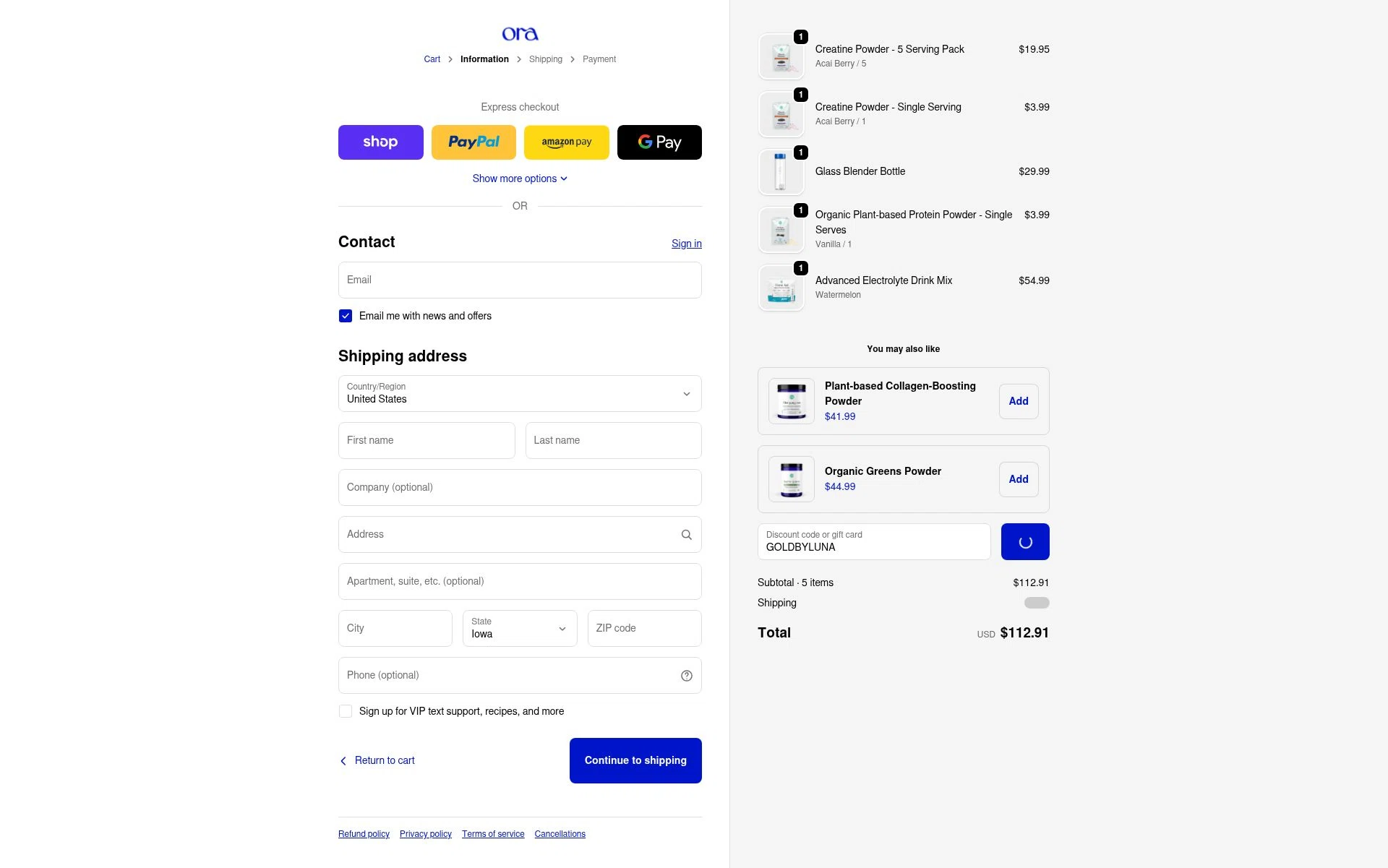 Ora Organic checkout page showing Ora Organic discount code box | Screenshot taken by SimplyCodes community member on Jan 30, 2026