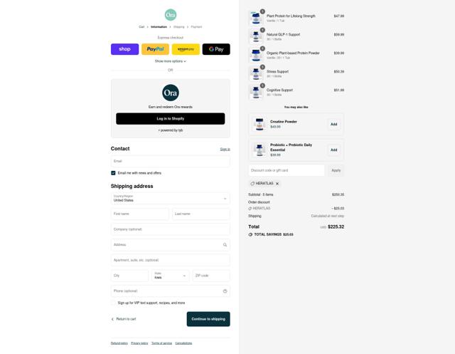 Ora Organic checkout page showing Ora Organic discount code box | Screenshot taken by SimplyCodes community member on Sep 11, 2025