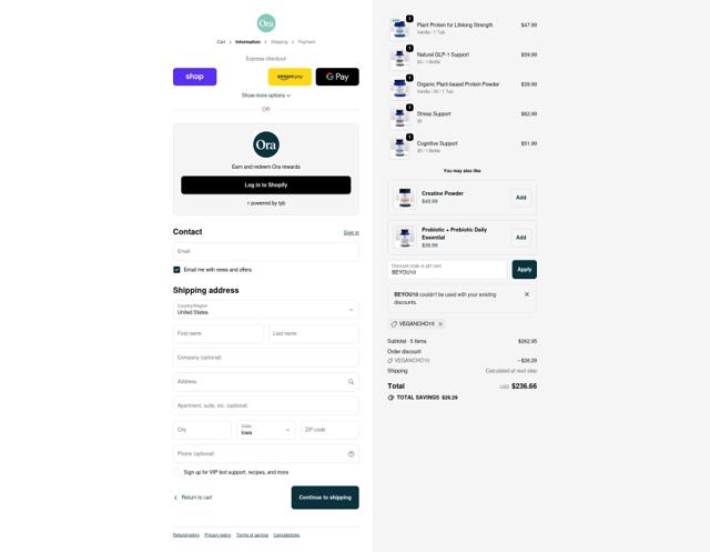 Ora Organic checkout page showing Ora Organic discount code box | Screenshot taken by SimplyCodes community member on Oct 2, 2025