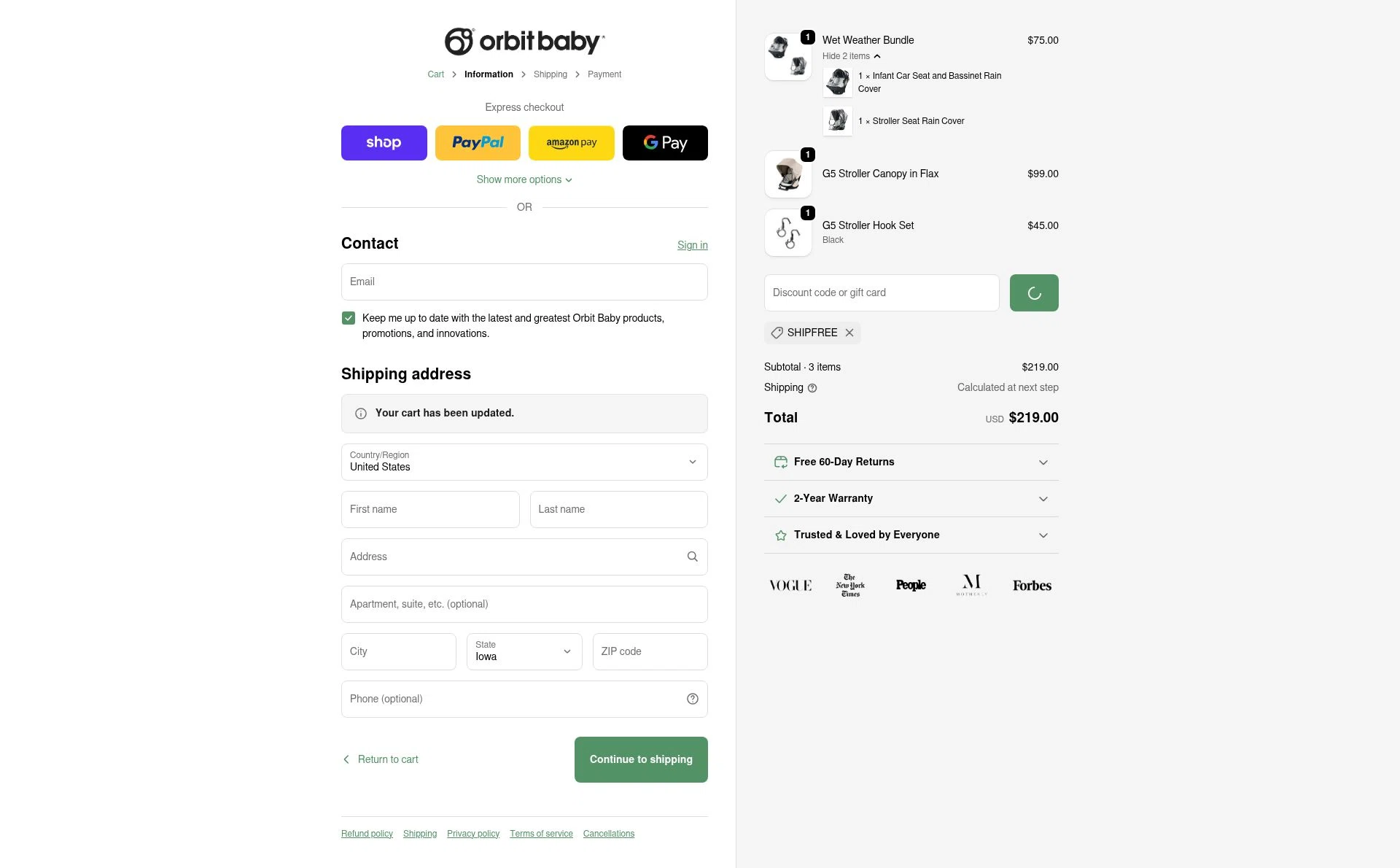 Orbit Baby checkout page showing Orbit Baby discount code box | Screenshot taken by SimplyCodes community member on Jan 28, 2026
