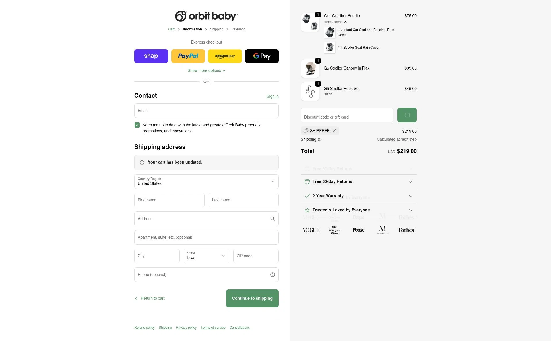 Orbit Baby checkout page showing Orbit Baby discount code box | Screenshot taken by SimplyCodes community member on Jan 24, 2026