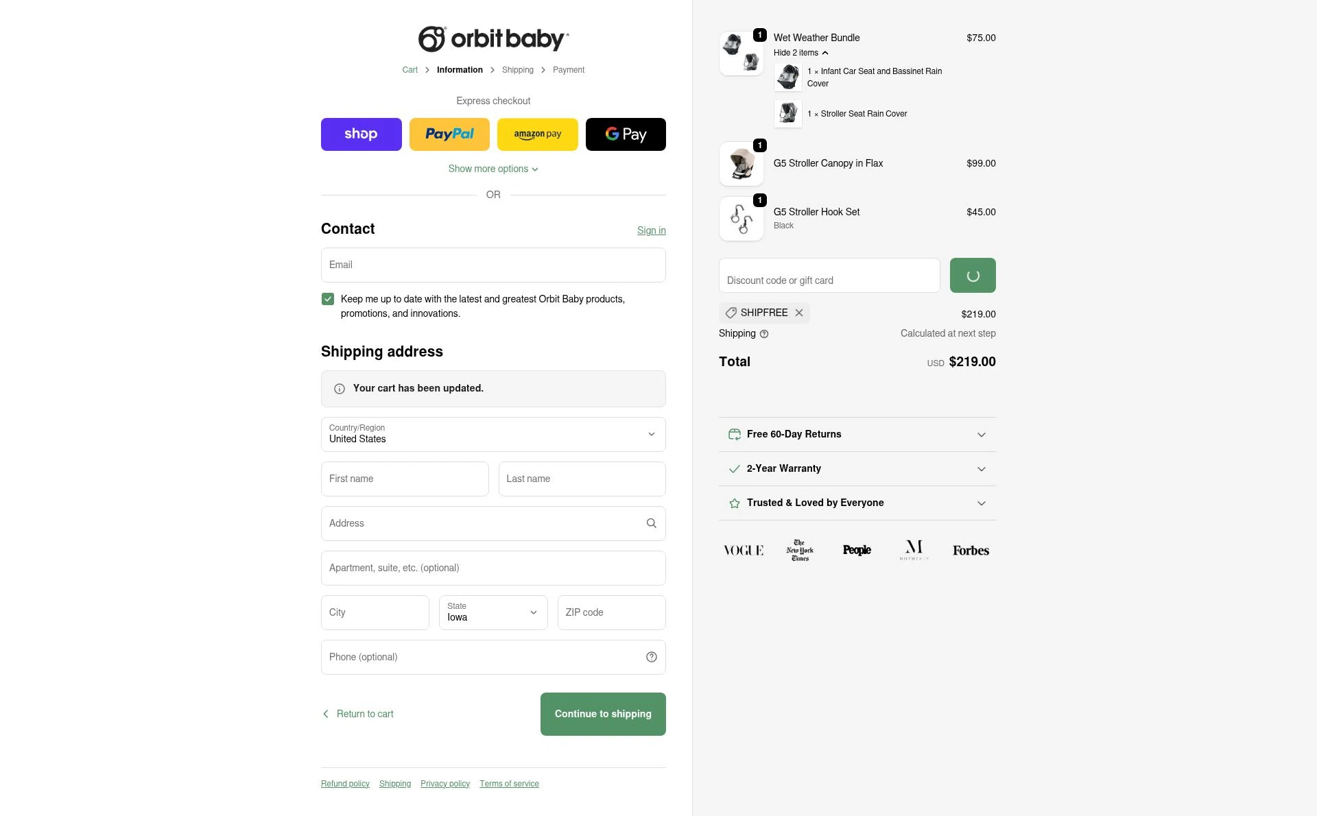 Orbit Baby checkout page showing Orbit Baby discount code box | Screenshot taken by SimplyCodes community member on Jan 14, 2026