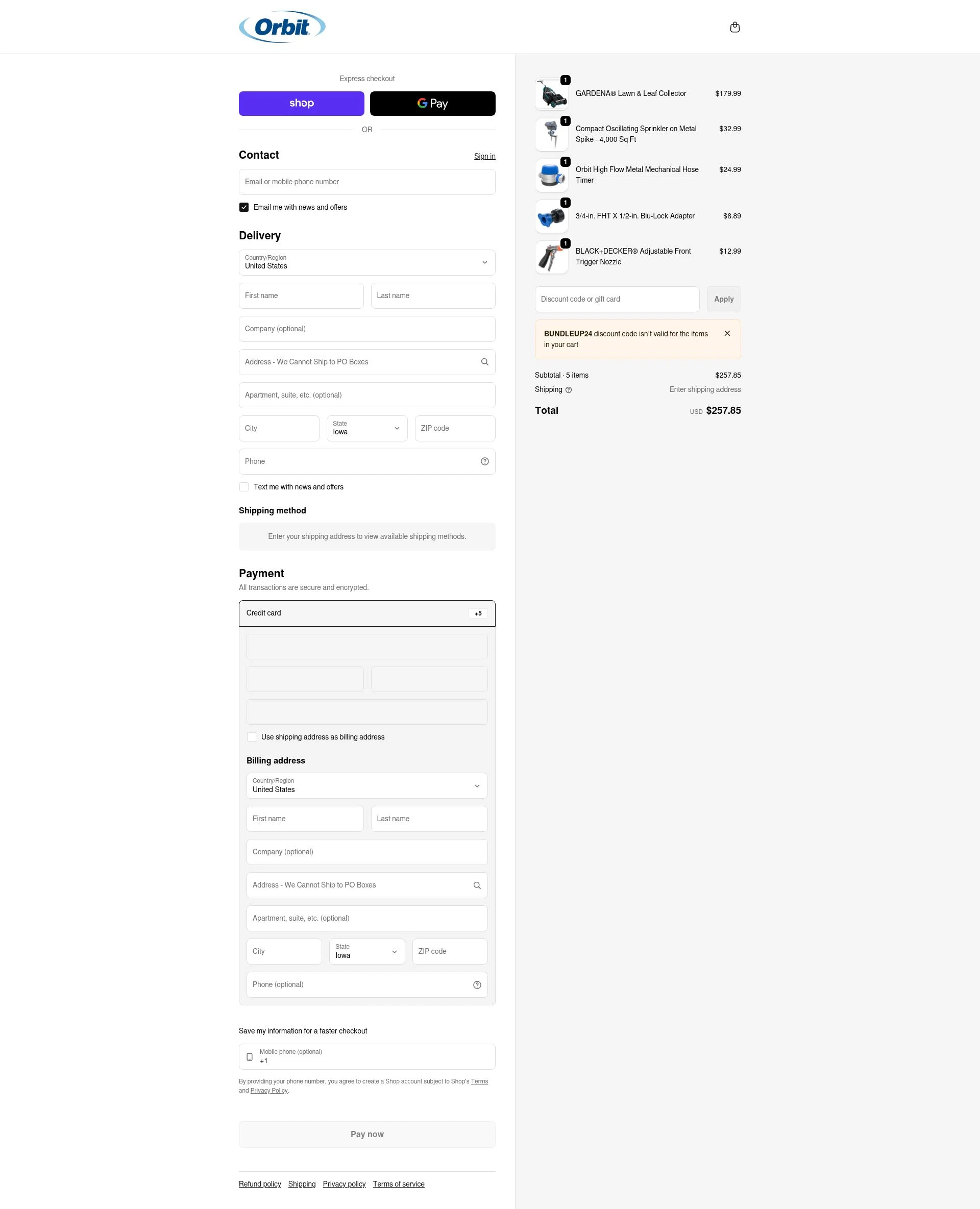 Orbit Irrigation checkout page showing Orbit Irrigation promo code box | Screenshot taken by SimplyCodes community member on Feb 6, 2026
