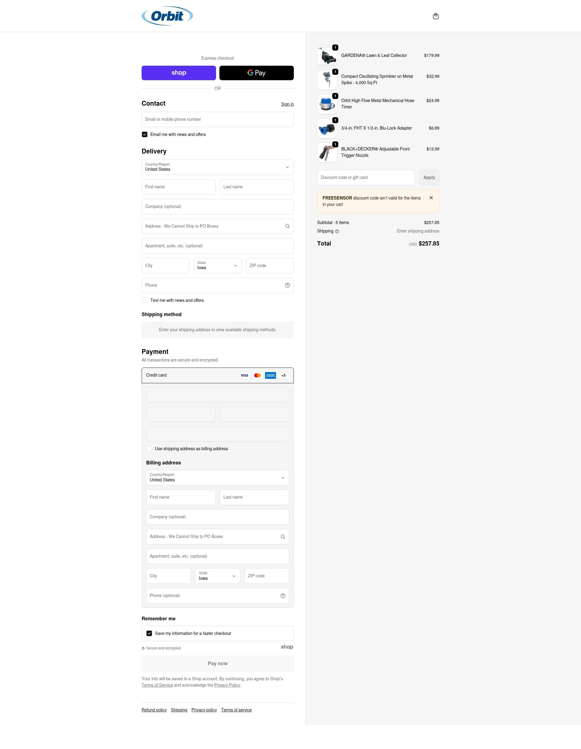 Orbit Irrigation checkout page showing Orbit Irrigation promo code box | Screenshot taken by SimplyCodes community member on Jan 9, 2026