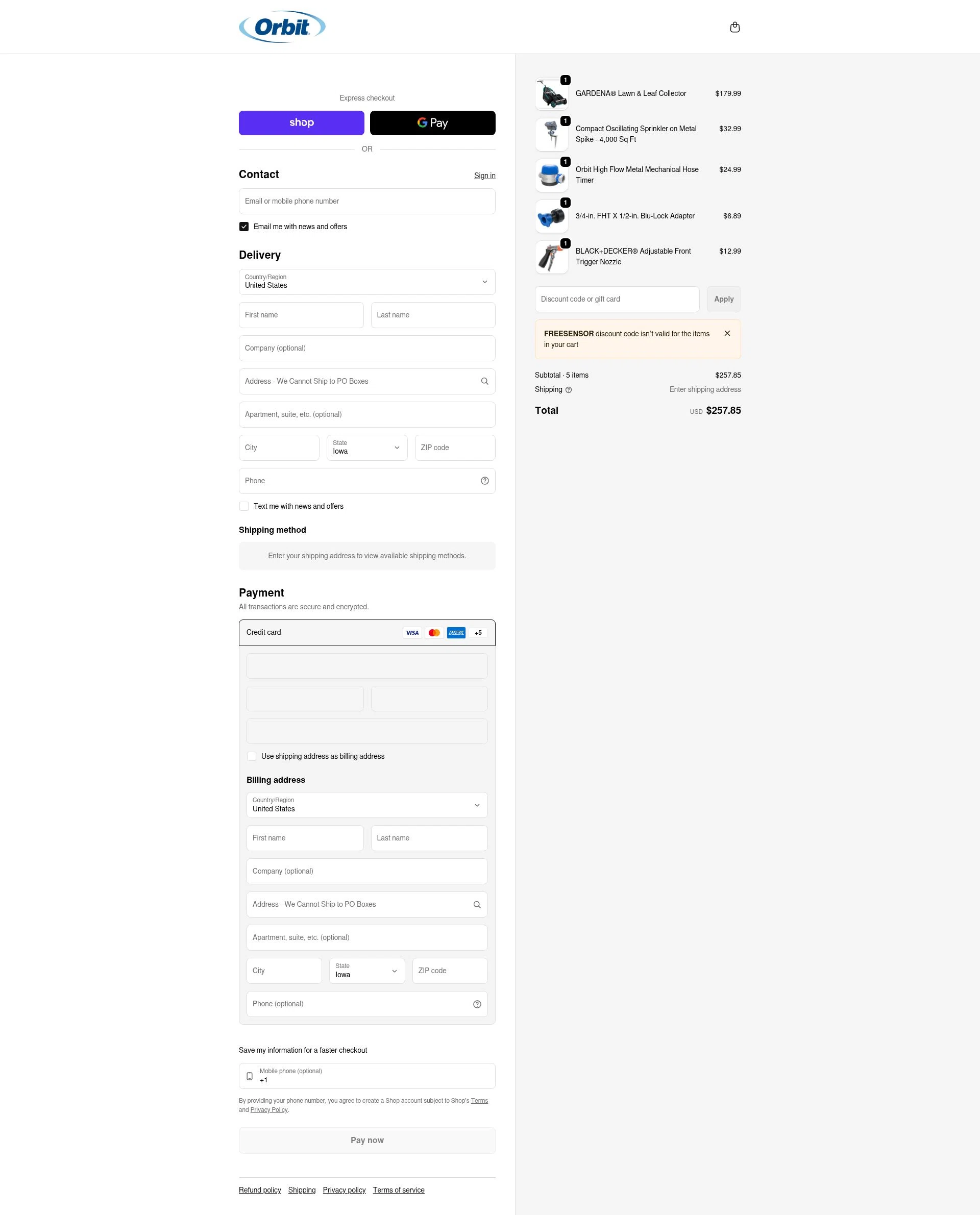 Orbit Irrigation checkout page showing Orbit Irrigation promo code box | Screenshot taken by SimplyCodes community member on Jan 19, 2026