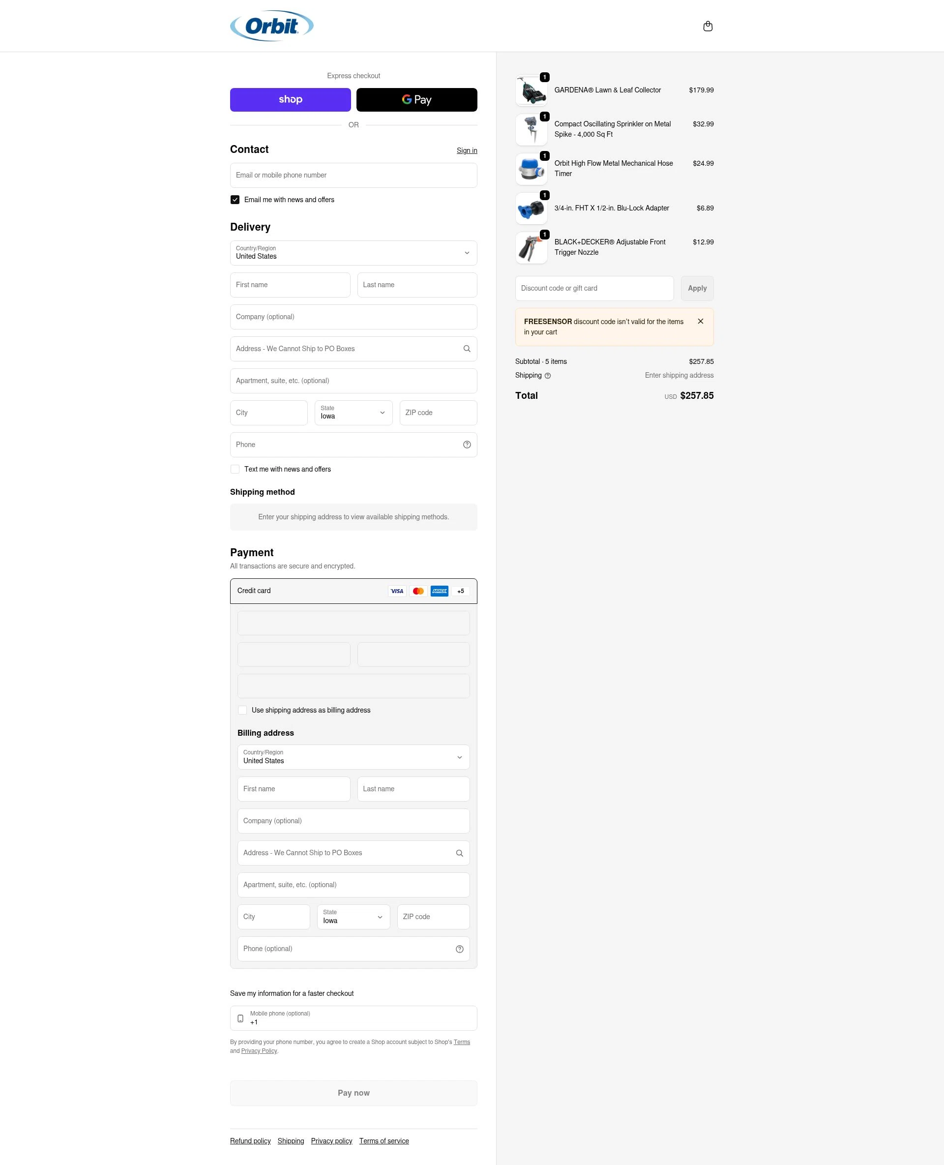 Orbit Irrigation checkout page showing Orbit Irrigation promo code box | Screenshot taken by SimplyCodes community member on Feb 6, 2026