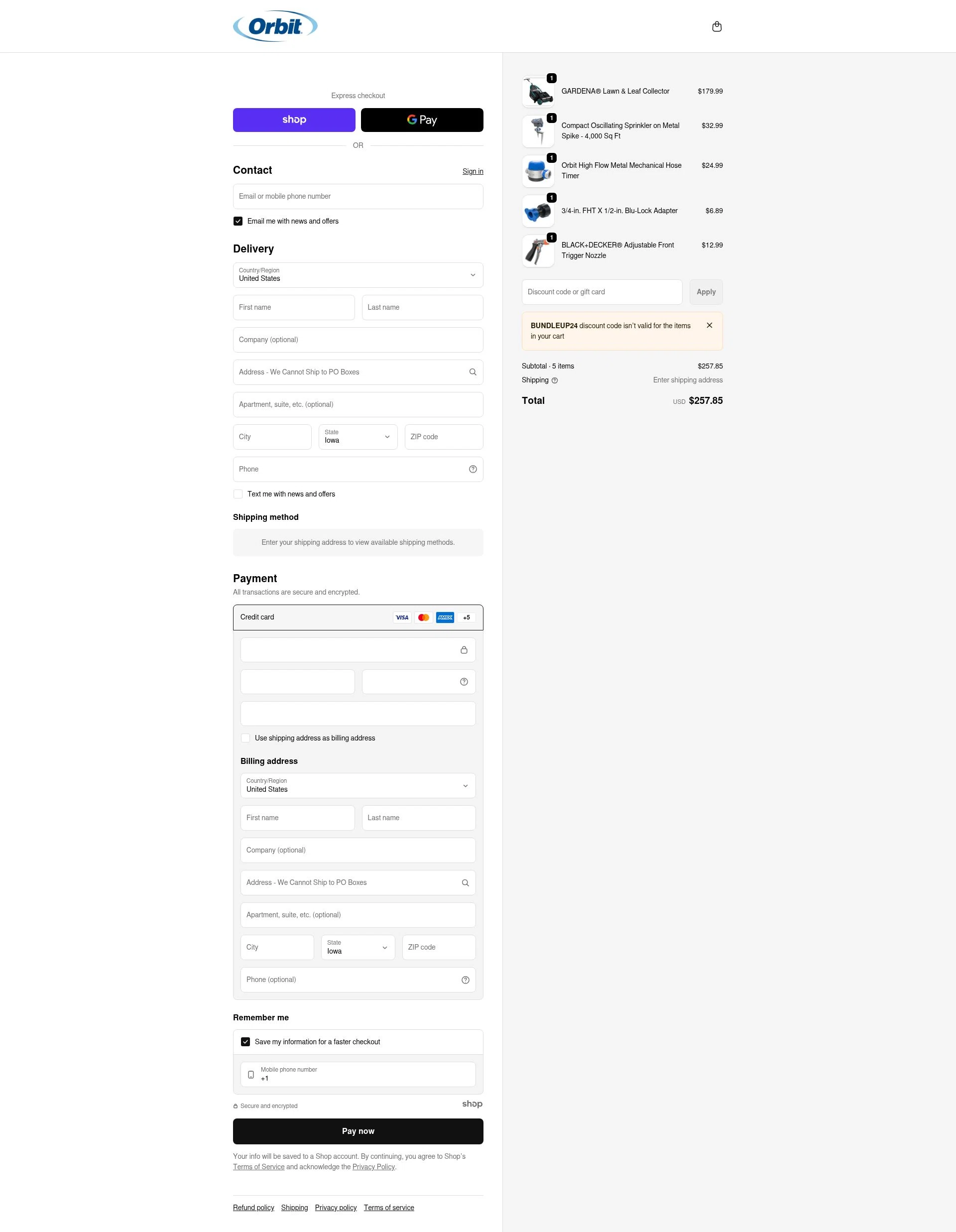 Orbit Irrigation checkout page showing Orbit Irrigation promo code box | Screenshot taken by SimplyCodes community member on Jan 9, 2026
