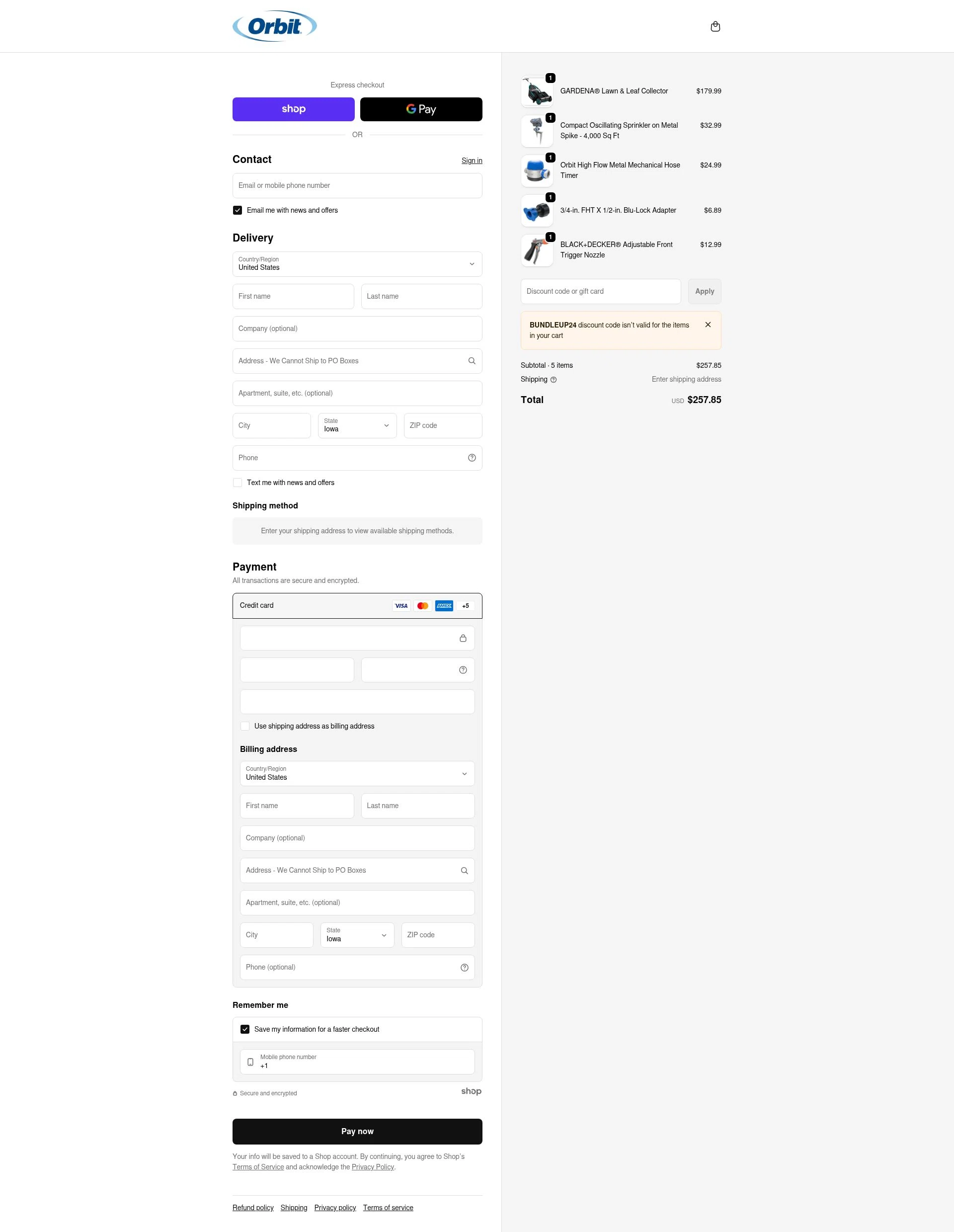 Orbit Irrigation checkout page showing Orbit Irrigation promo code box | Screenshot taken by SimplyCodes community member on Jan 28, 2026