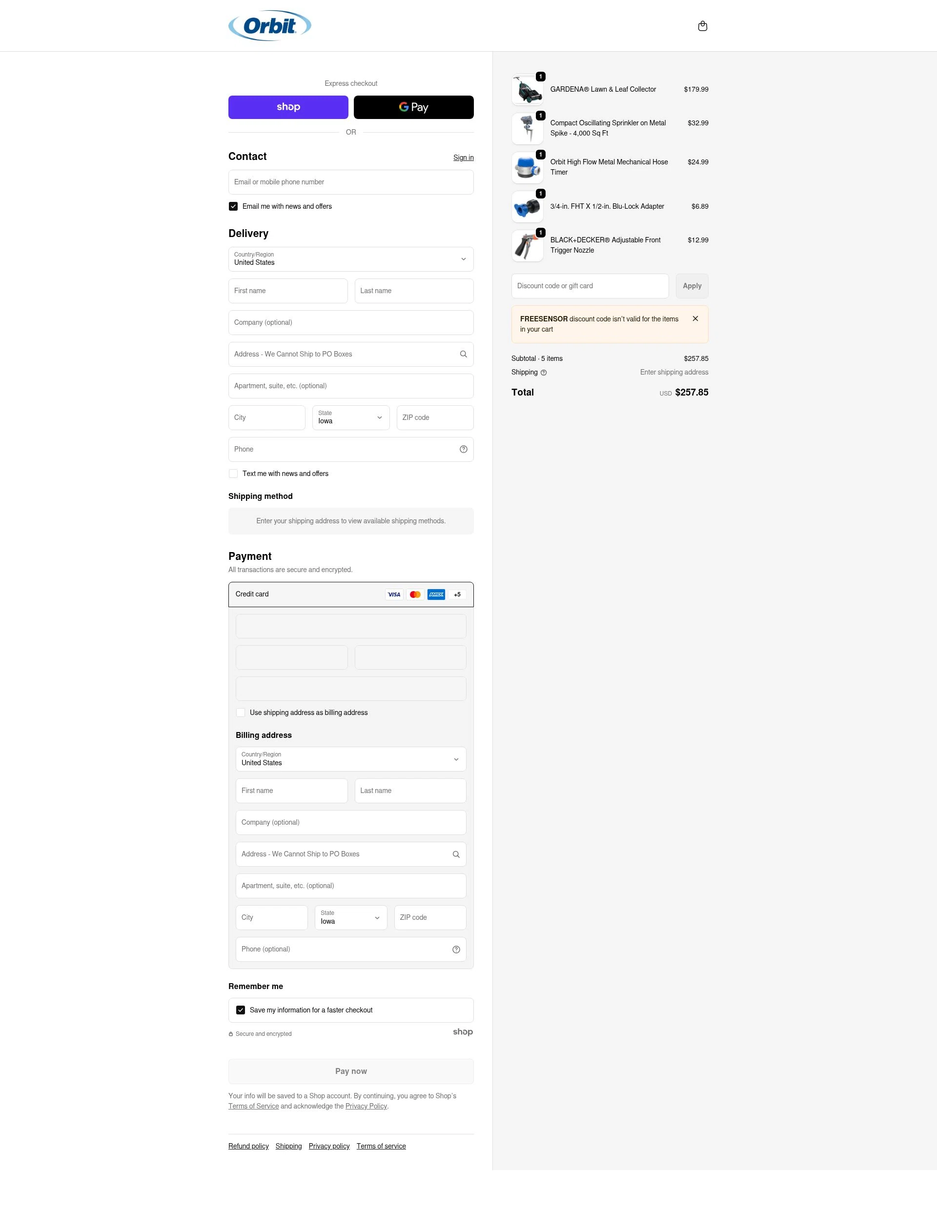 Orbit Irrigation checkout page showing Orbit Irrigation promo code box | Screenshot taken by SimplyCodes community member on Jan 28, 2026