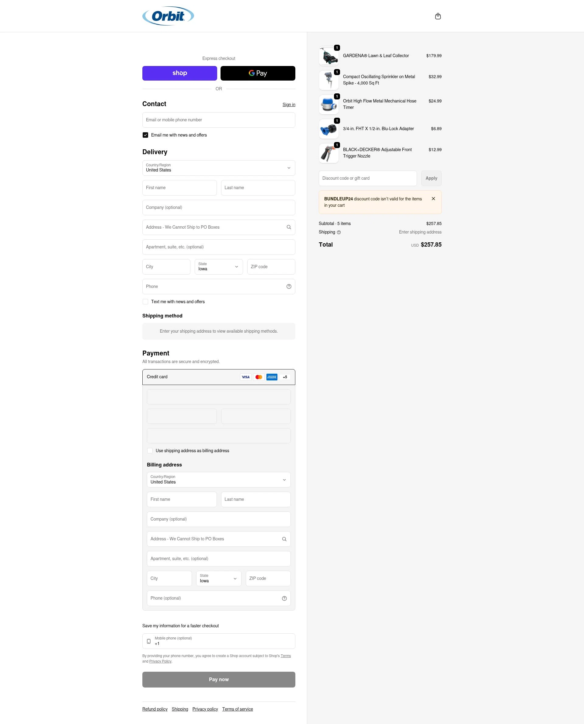 Orbit Irrigation checkout page showing Orbit Irrigation promo code box | Screenshot taken by SimplyCodes community member on Jan 19, 2026