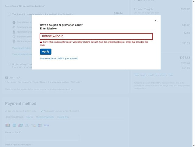 Orbitz checkout page showing Orbitz promo code box | Screenshot taken by SimplyCodes community member on May 31, 2025