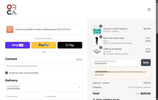 Orca Coolers checkout page showing Orca Coolers coupon code box | Screenshot taken by SimplyCodes community member on May 12, 2025