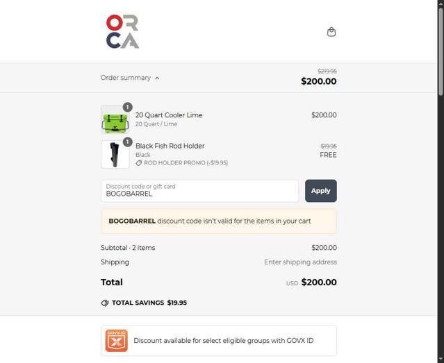 Orca Coolers checkout page showing Orca Coolers coupon code box | Screenshot taken by SimplyCodes community member on May 17, 2025