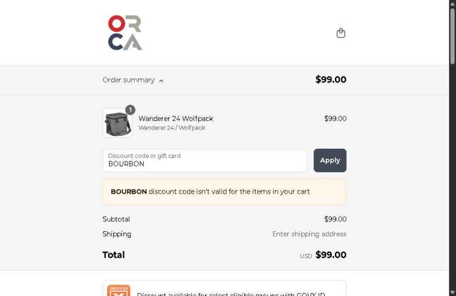 Orca Coolers checkout page showing Orca Coolers coupon code box | Screenshot taken by SimplyCodes community member on Jun 13, 2025