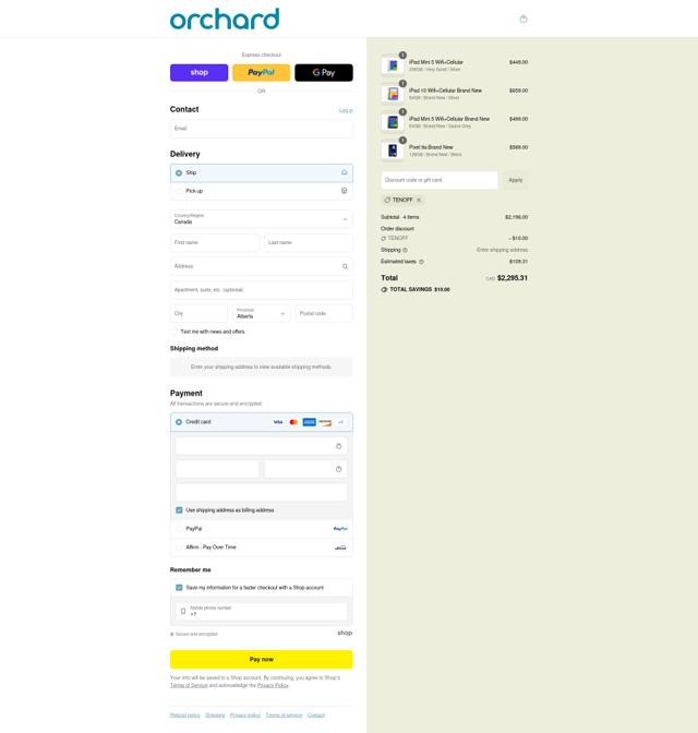 Orchard Phones checkout page showing Orchard Phones promo code box | Screenshot taken by SimplyCodes community member on Sep 3, 2025