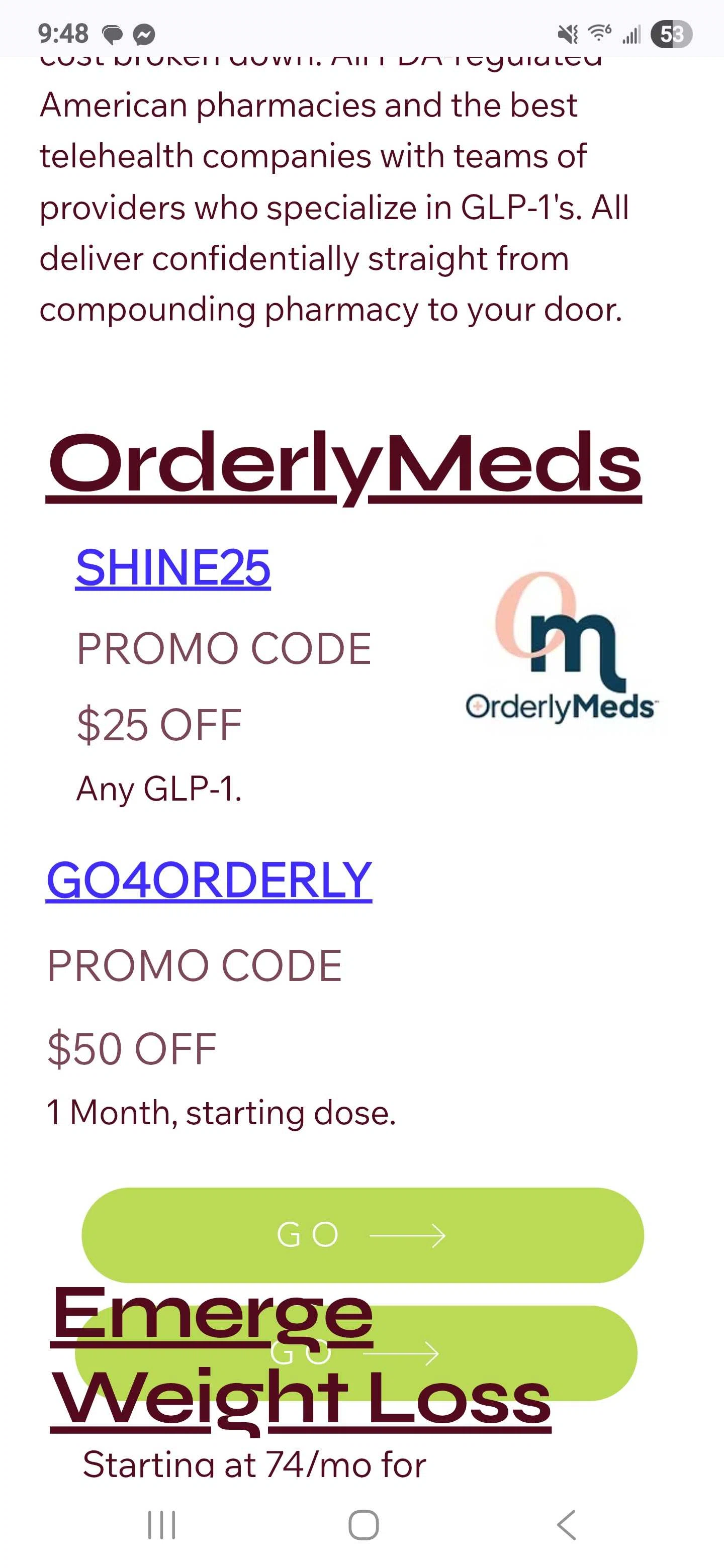 OrderlyMeds coupon code screenshot showing code SHINE25 applied at OrderlyMeds checkout page. Uploaded by SimplyCodes community member GoldMonarch7531 on Jan 7, 2026
