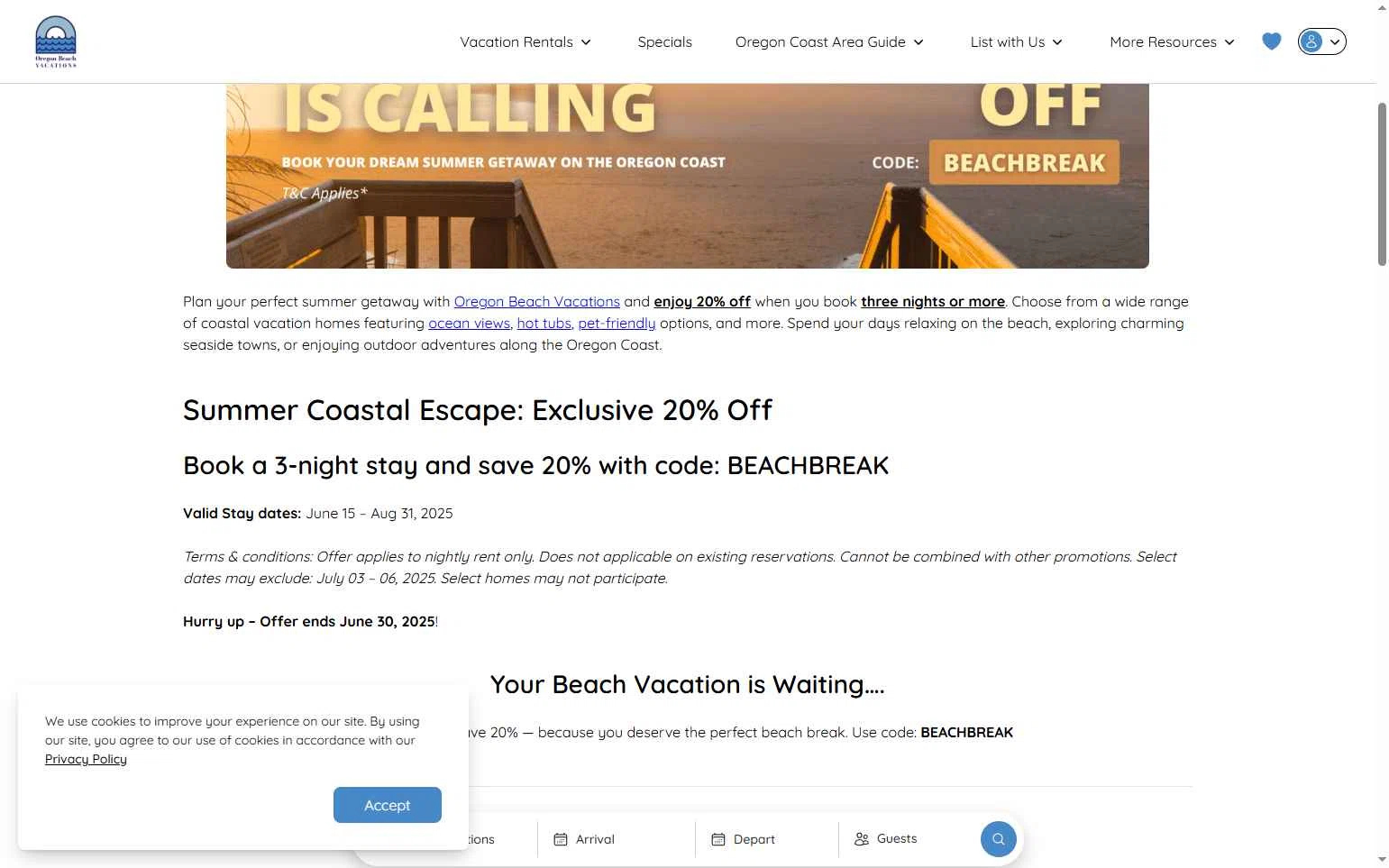Oregon Beach Vacations checkout page showing Oregon Beach Vacations promo code box | Screenshot taken by SimplyCodes community member on Jul 9, 2025