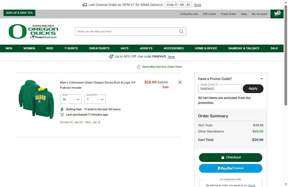 Oregon Ducks Store checkout page showing Oregon Ducks Store promo code box | Screenshot taken by SimplyCodes community member on Dec 22, 2025