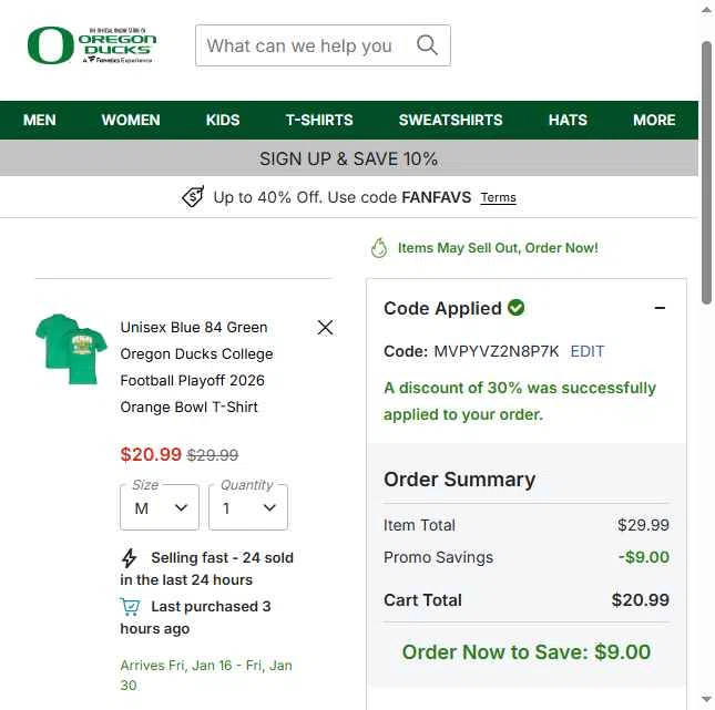 Oregon Ducks Store checkout page showing Oregon Ducks Store promo code box | Screenshot taken by SimplyCodes community member on Dec 22, 2025