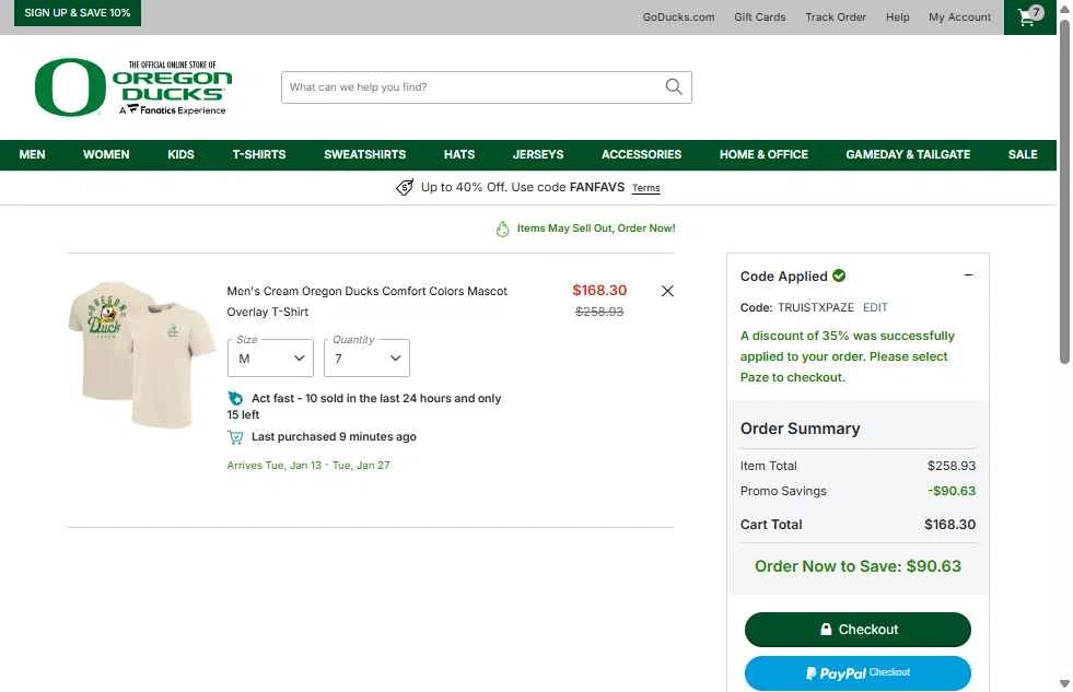 Oregon Ducks Store checkout page showing Oregon Ducks Store promo code box | Screenshot taken by SimplyCodes community member on Dec 24, 2025