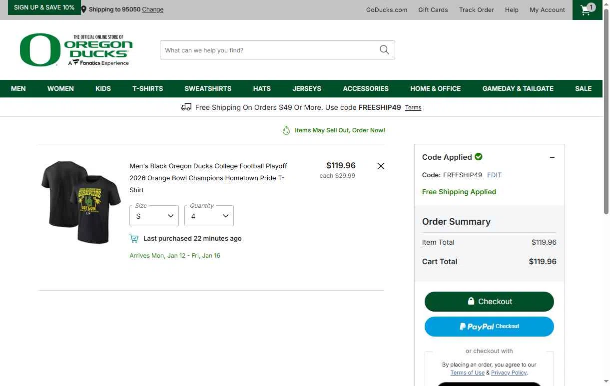 Oregon Ducks Store checkout page showing Oregon Ducks Store promo code box | Screenshot taken by SimplyCodes community member on Jan 2, 2026