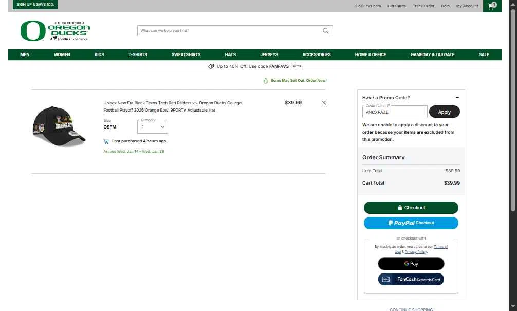Oregon Ducks Store checkout page showing Oregon Ducks Store promo code box | Screenshot taken by SimplyCodes community member on Dec 30, 2025