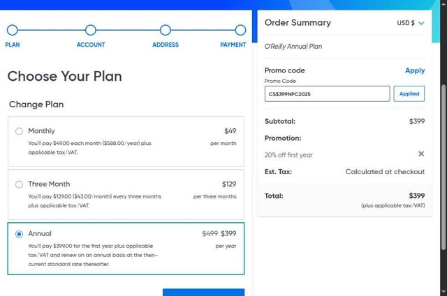 O'Reilly checkout page showing O'Reilly coupon code box | Screenshot taken by SimplyCodes community member on Aug 16, 2025