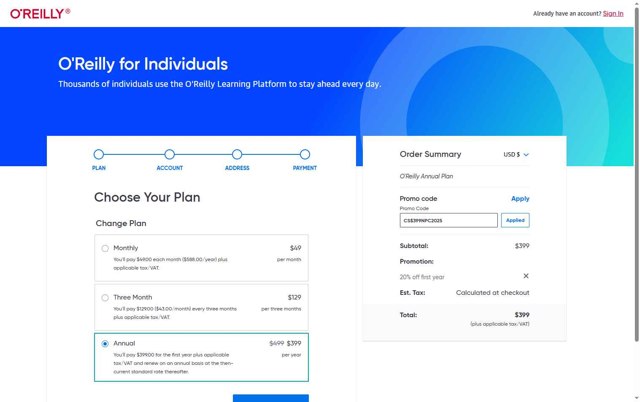 O'Reilly checkout page showing O'Reilly coupon code box | Screenshot taken by SimplyCodes community member on Aug 18, 2025