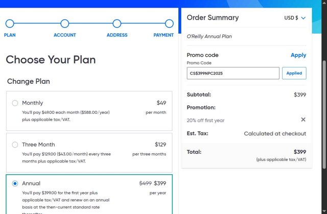 O'Reilly checkout page showing O'Reilly coupon code box | Screenshot taken by SimplyCodes community member on Aug 3, 2025